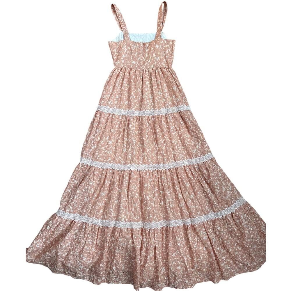 Aura Floral Eyelet Lace Sleeveless Tiered Maxi Dress Pink Pockets Size XS - Picture 3 of 11